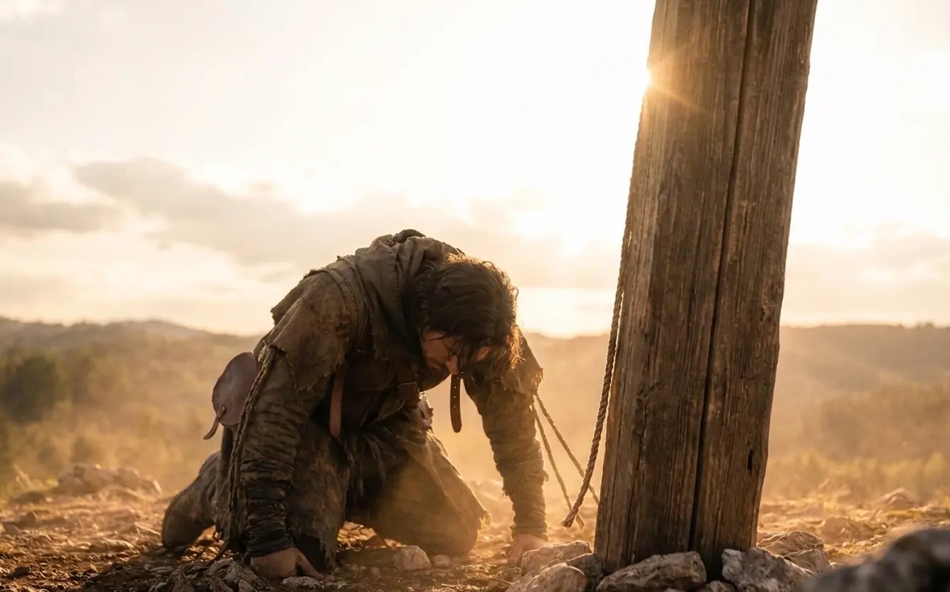 Christian kneeling at the Cross