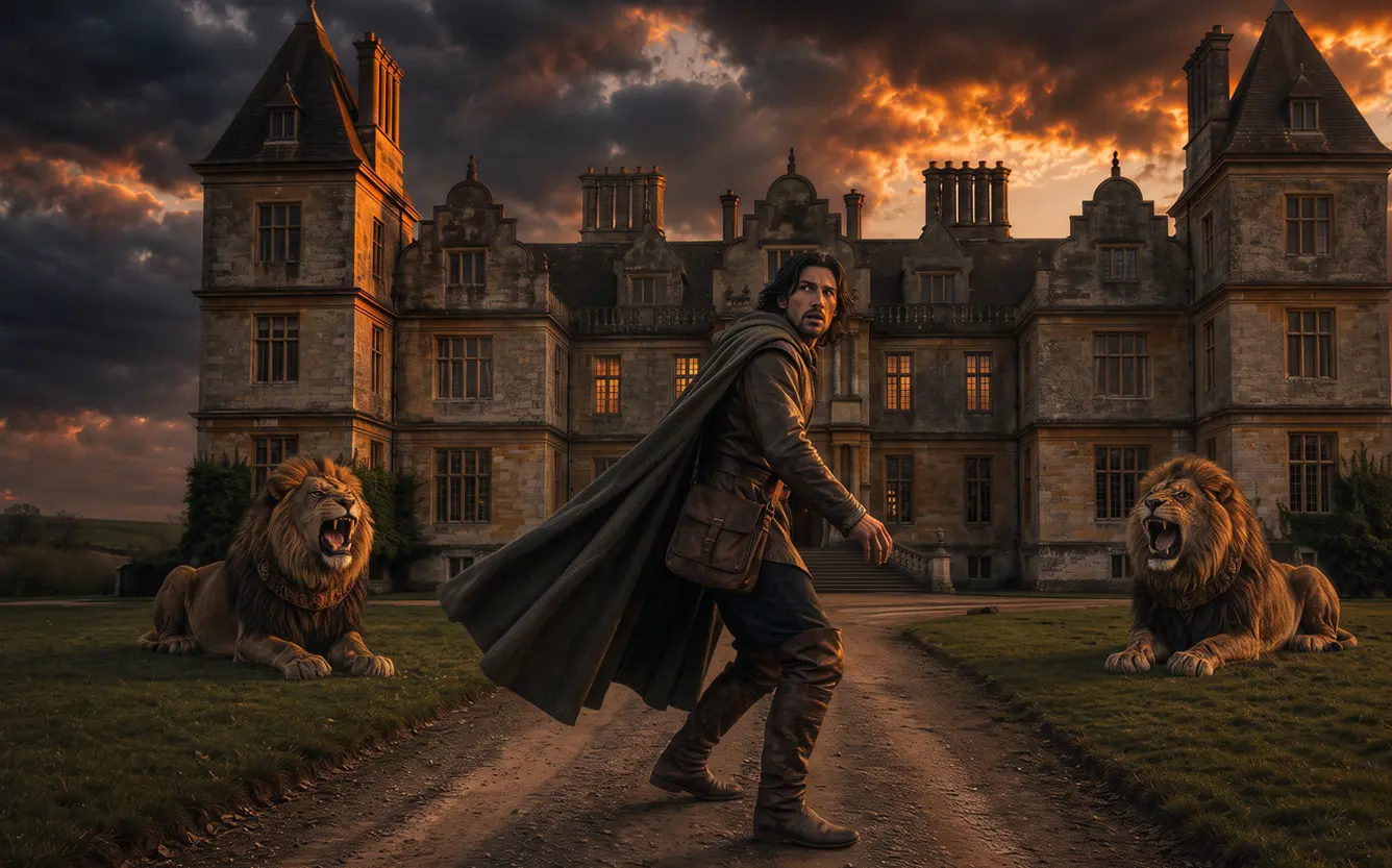 Christian approaches House Beautiful between two lions at sunset